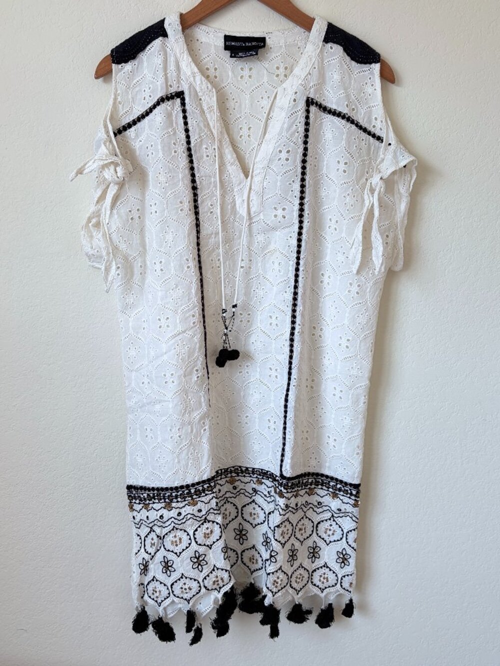 Hemant Nandita Dress Womens Small White Eyelet Cotton Beach Cover Up Tassel S